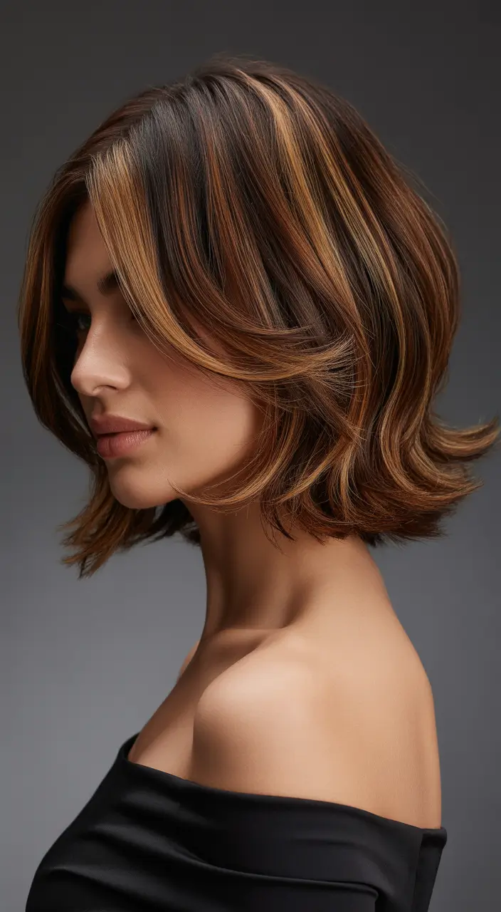 Best haircuts for thin fine hair 2026 Dimensional medium bob with warm highlights
