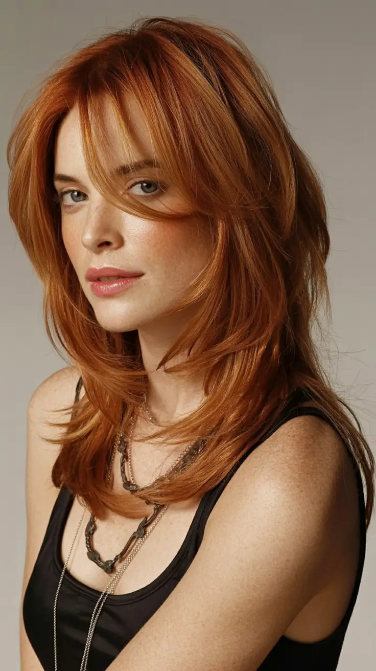 Best haircuts with bangs 2026 — Soft Ginger Layers With Curtain Fringe