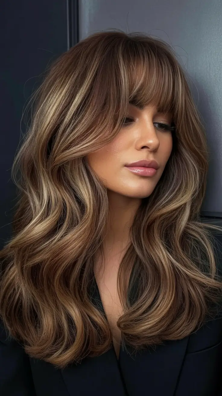 Best haircuts with bangs 2026 — Full Glam Waves With Heavy Fringe