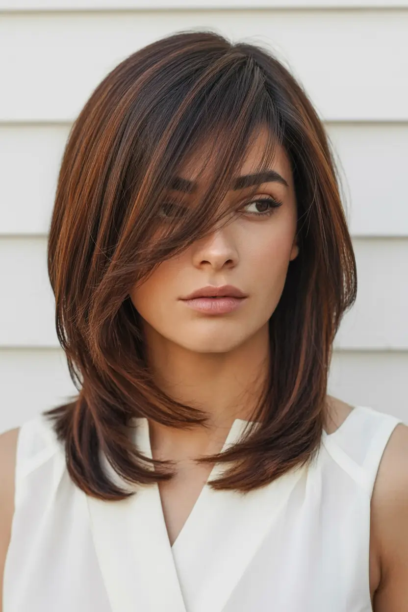 Best haircuts with bangs 2026 — Mid-Length Layers With Featherlight Side Bangs