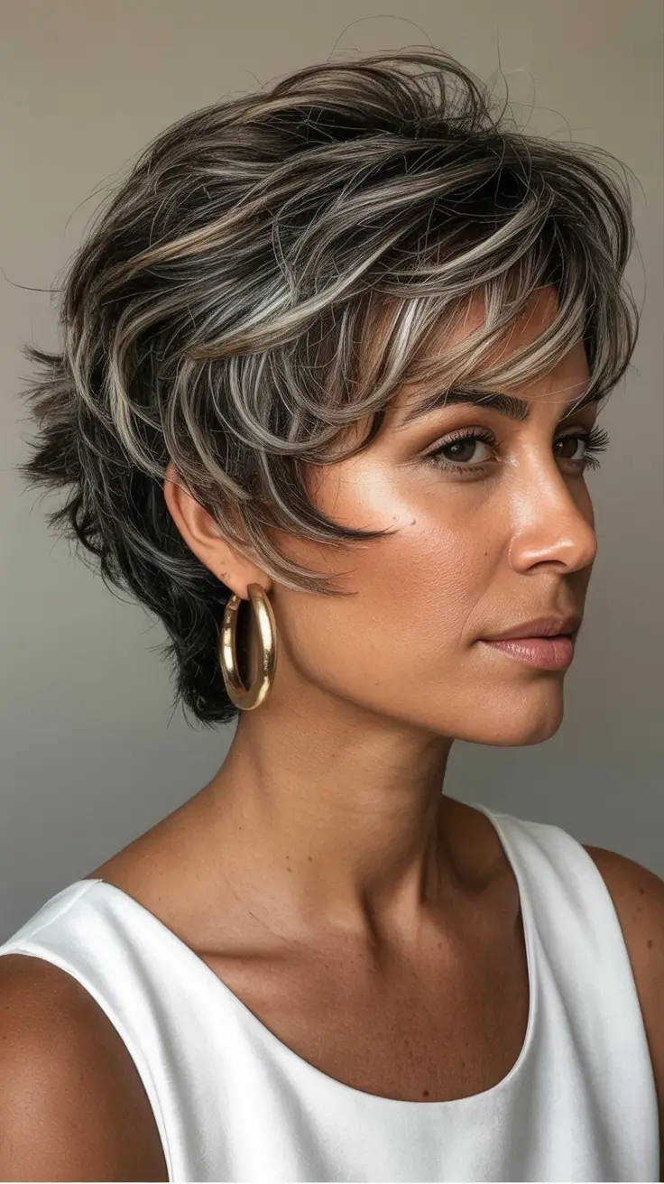 Best haircuts with bangs 2026 — Textured Silver Pixie With Wispy Fringe
