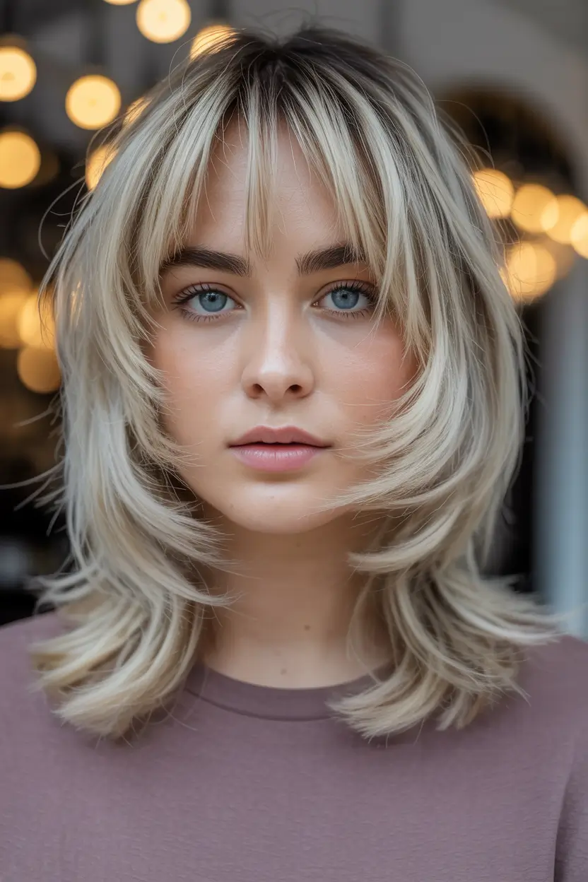Best haircuts with bangs 2026 — Feathered Blonde Layers With Bottleneck Fringe