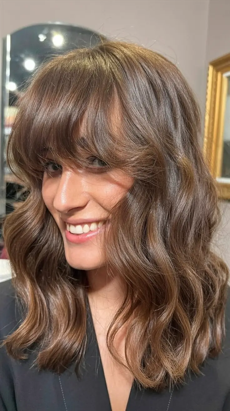 Best haircuts with bangs 2026 — Glossy Medium Waves With Full Airy Fringe