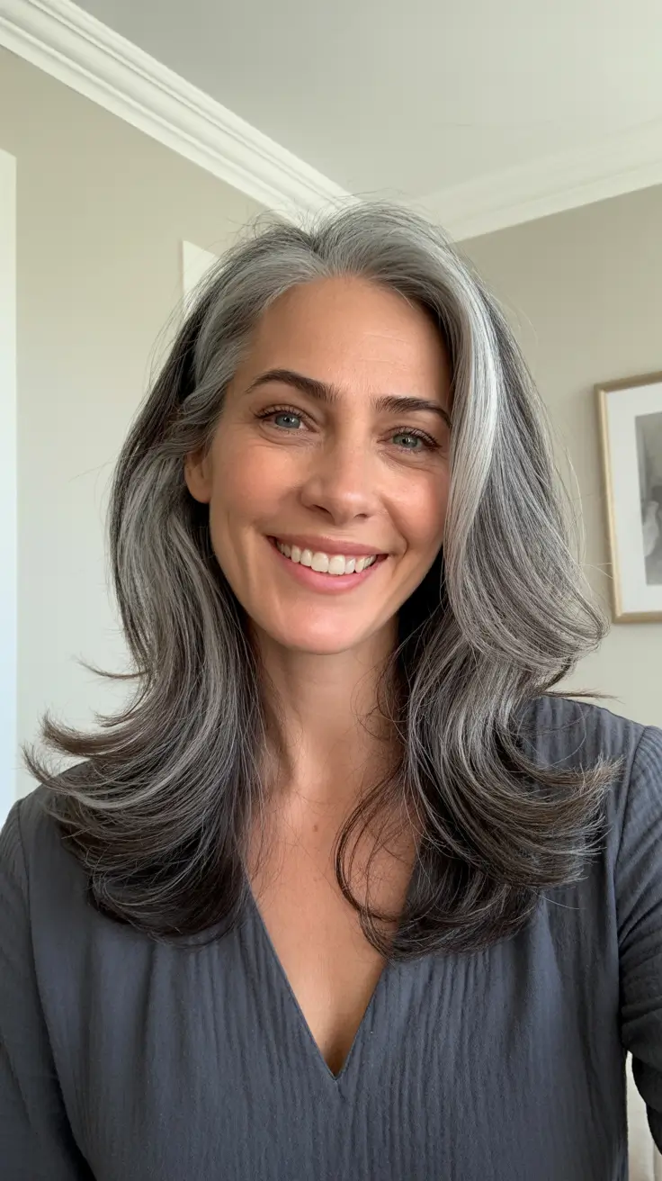 Best mid-length haircuts 2026 Silver Layered Elegance With Natural Movement