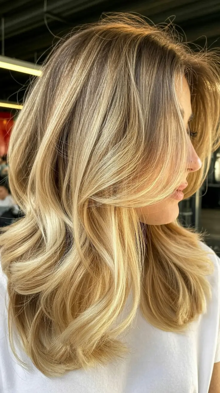 Best mid-length haircuts 2026 Golden Champagne Layers With Sunlit Shine