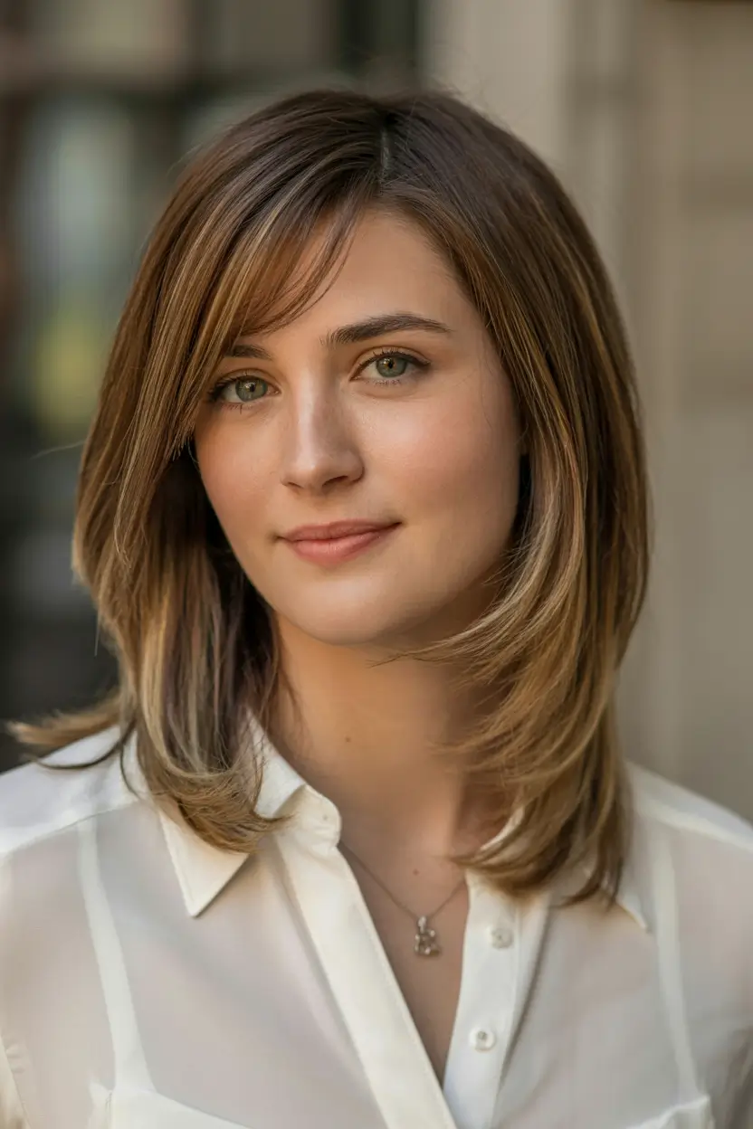 Best mid-length haircuts 2026 Softly Layered Brunette With Light Side Sweep