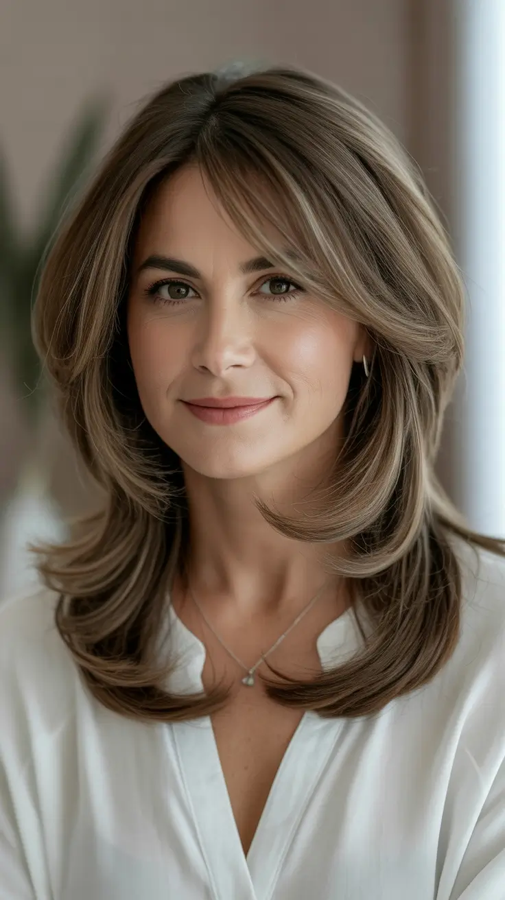 Best mid-length haircuts 2026 Lived-In Layers With Airy Curtain Bangs