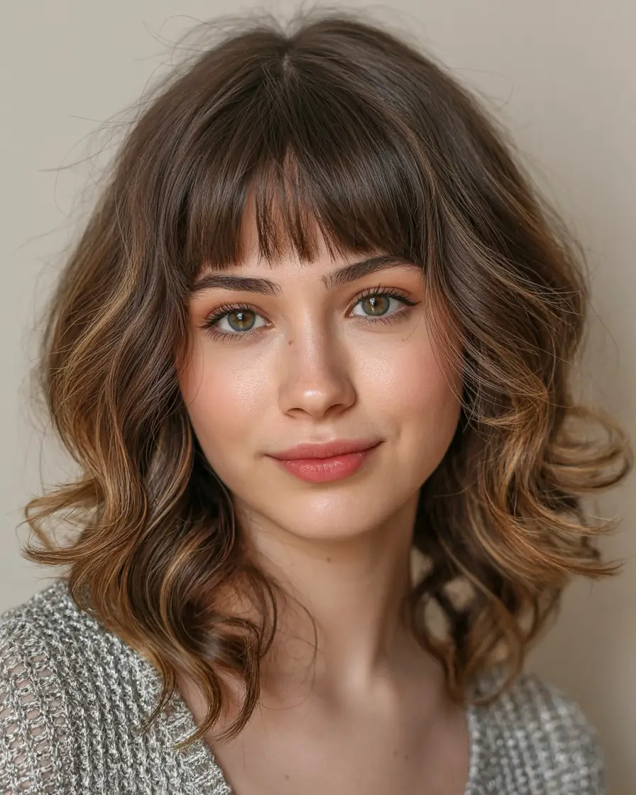 Best mid-length haircuts 2026 Soft Brunette Waves With Baby Bangs