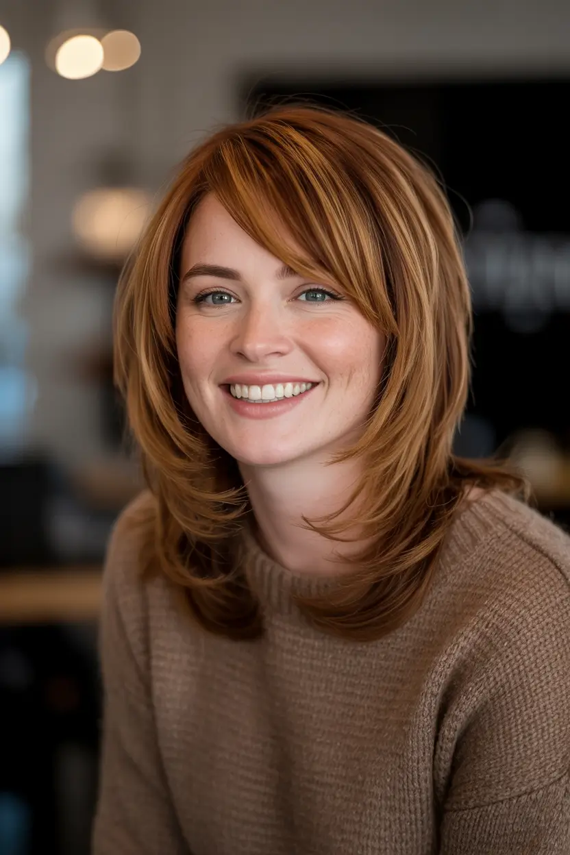 Best mid-length haircuts 2026 Soft Caramel-Toned Layers With Gentle Movement