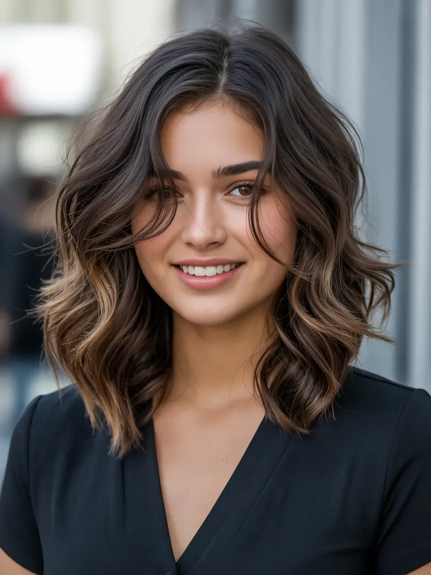 Best mid-length haircuts 2026 Soft Brunette Waves With Gentle Face Contouring