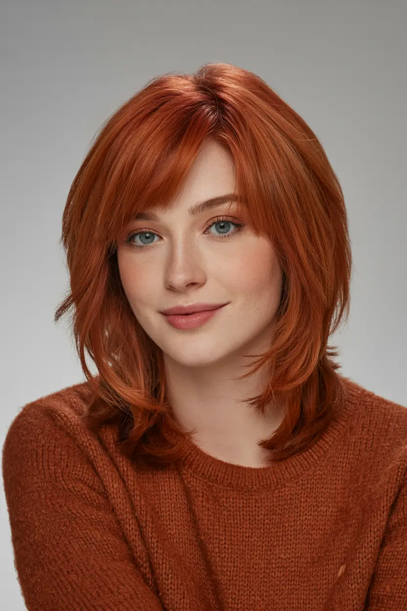 Best mid-length haircuts 2026 Red Layered Shag With Playful Energy