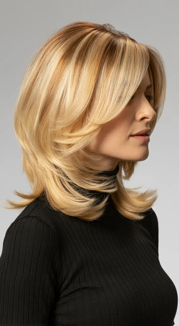 Best mid-length haircuts 2026 Golden Layered Blowout With Luxe Volume