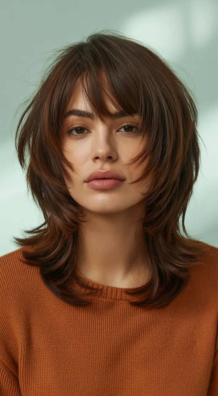 Best mid-length haircuts 2026 Feathered Chocolate Mids With Wispy Edges