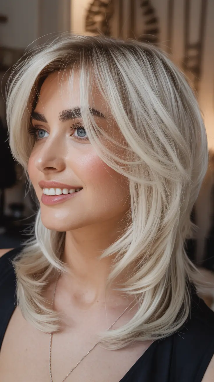 Best mid-length haircuts 2026 Creamy Blonde Swooped Layers