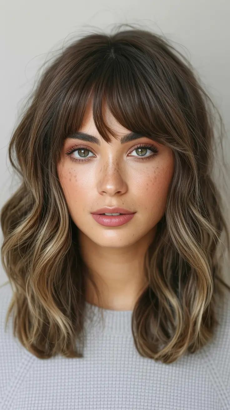 Best mid-length haircuts 2026 Caramel-Touched Waves With Wispy Fringe