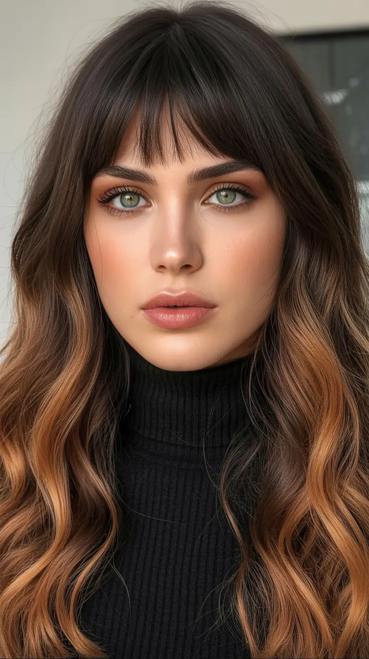 Women Soft Brunette Waves With Feathered Bangs H2