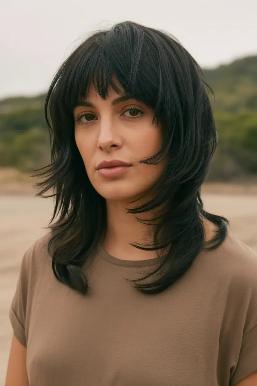 Women Feathered Black Windswept Mullet H2