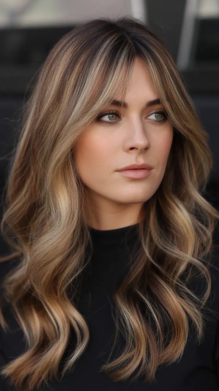 Women Long Blonde Balayage Curtain Bangs H2