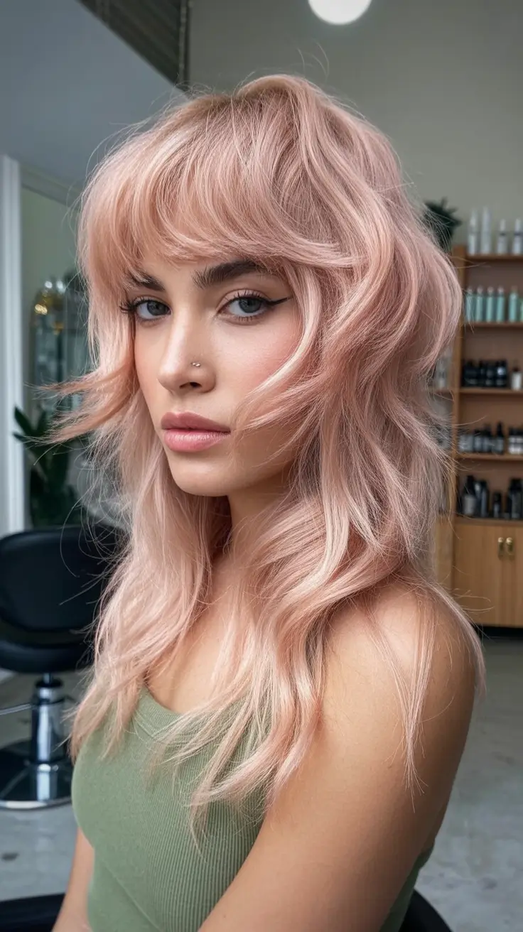 Chic Shag Haircuts 2026 Rosy Long Wavy Shag With Soft Pastel Movement