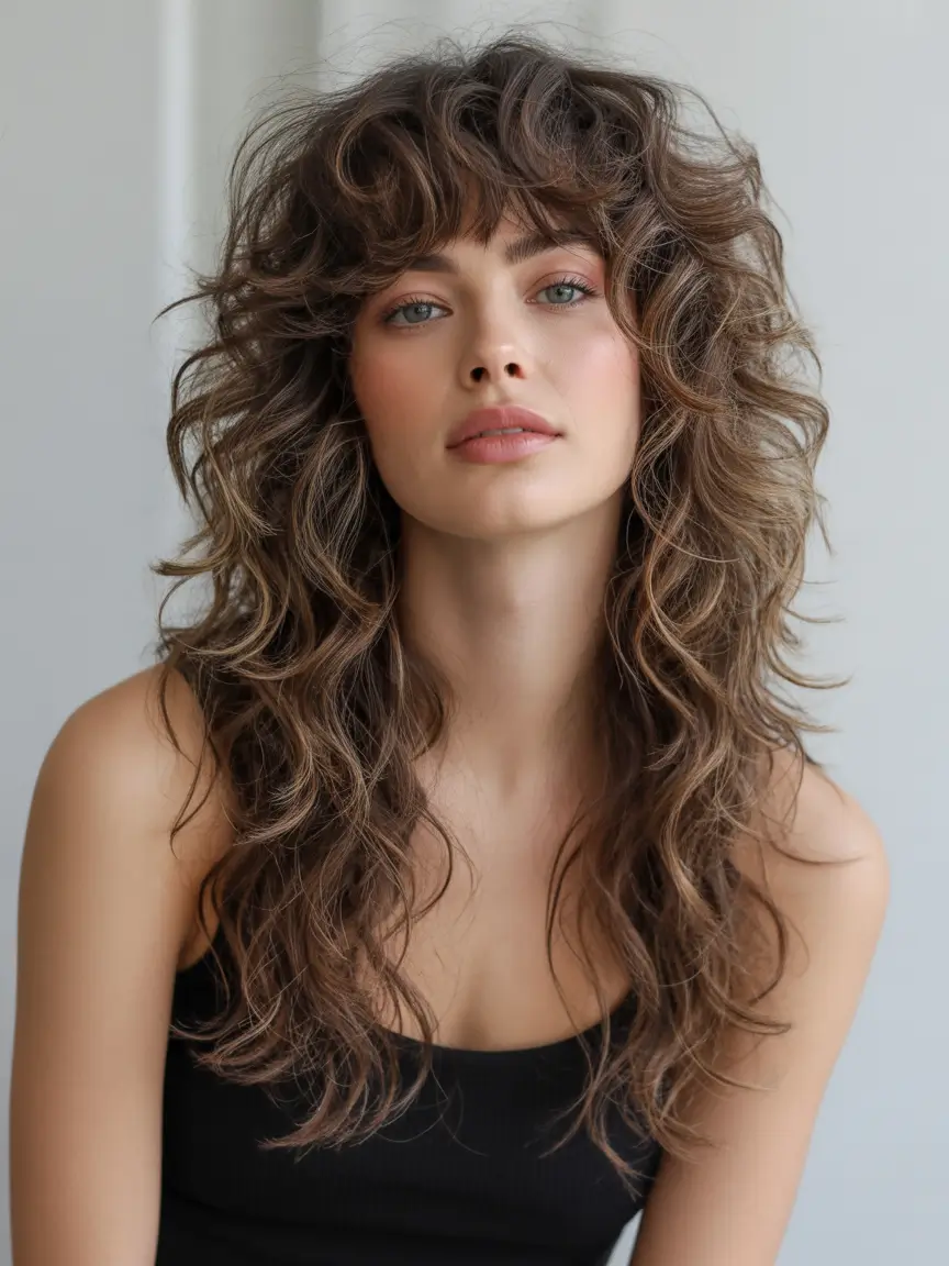 Chic Shag Haircuts 2026 Long Curly Shag With Defined Fringe