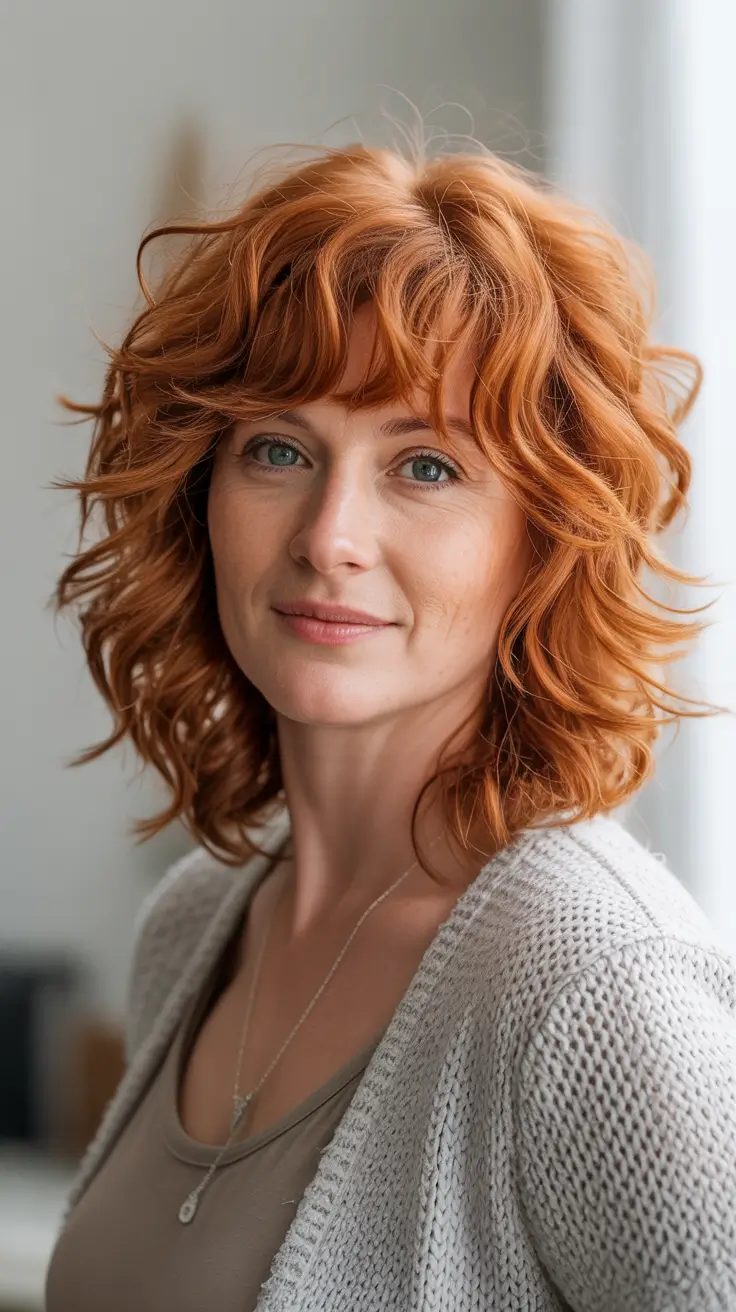 Chic Shag Haircuts 2026 Soft Ginger Curly Shag With Playful Fringe