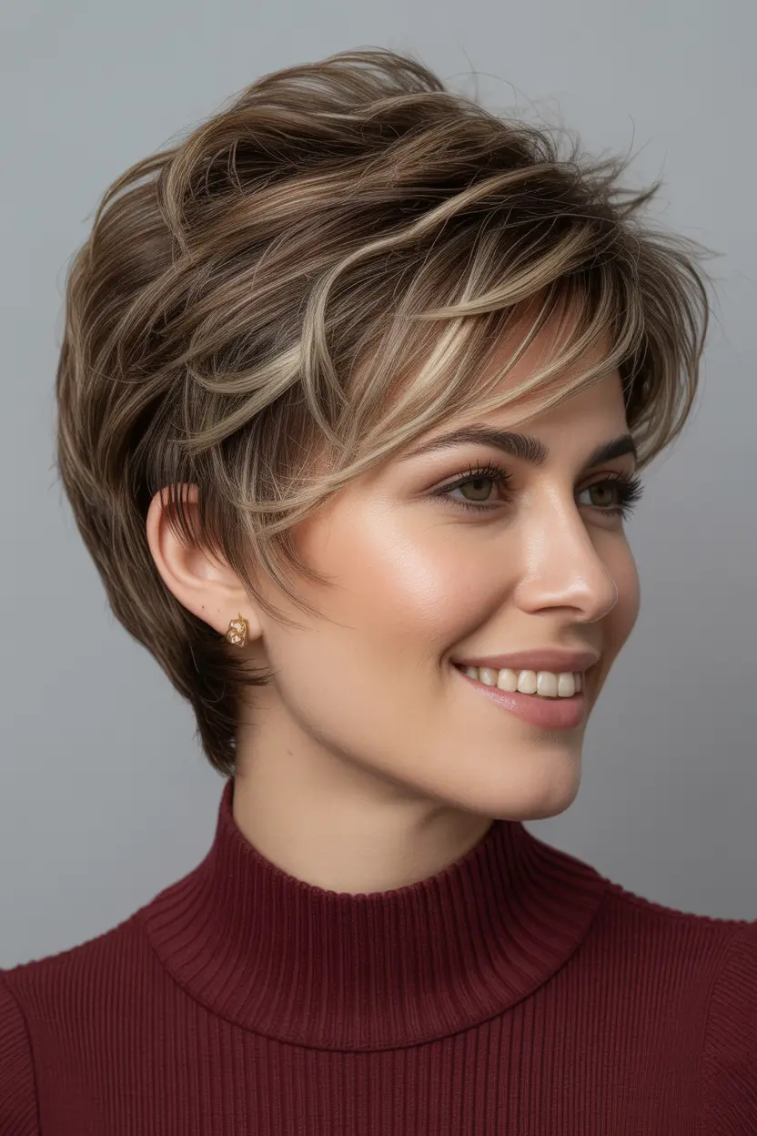 Cute messy pixie styles 2026 Layered Pixie With Soft Highlights and Flow