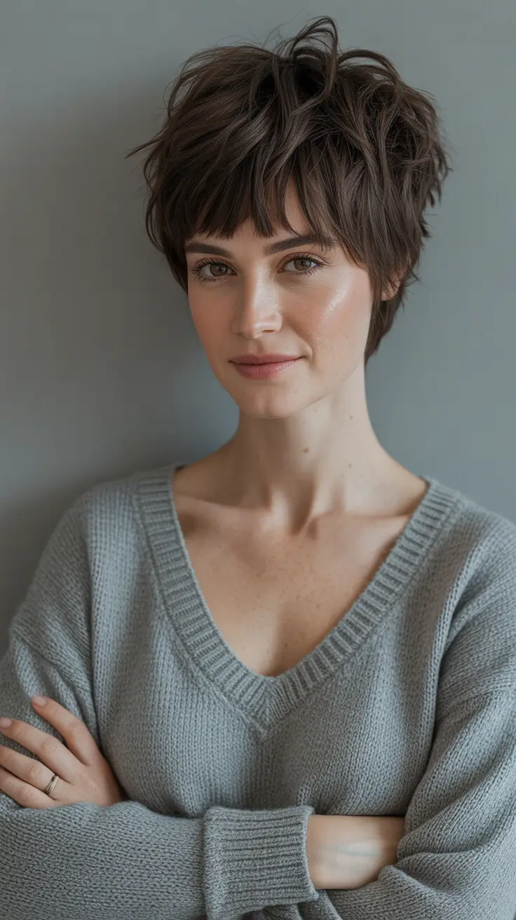 Cute messy pixie styles 2026 Soft Brunette Pixie With Natural Fringe