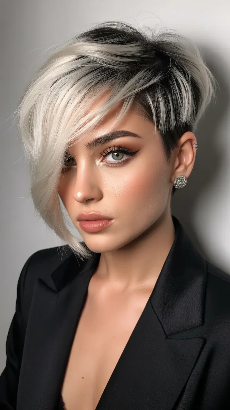 Cute short hairstyles for women 2026 High-Contrast Pixie With Long Side Fringe