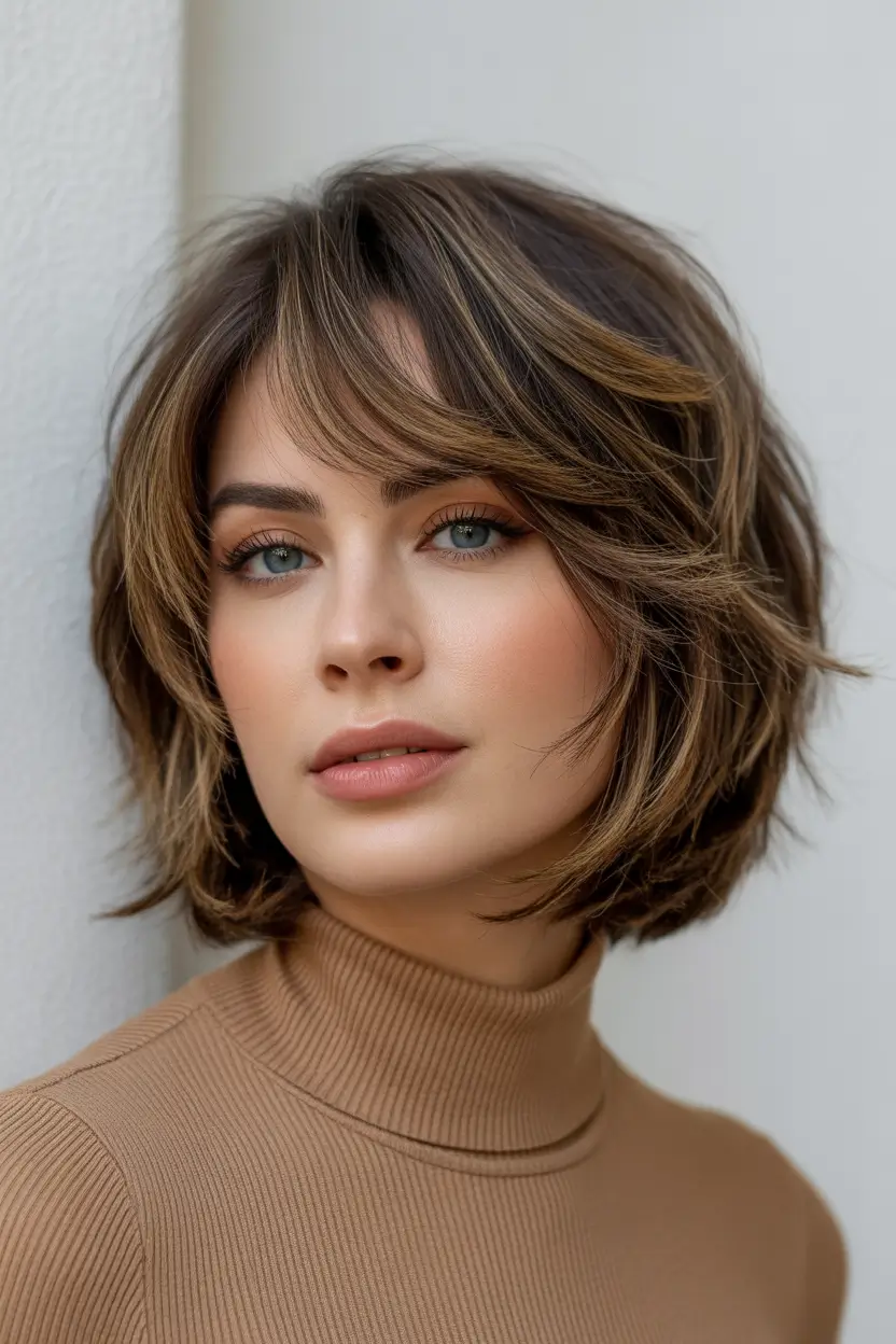 Cute short hairstyles for women 2026 Soft Brunette Bob With Curtain Bangs