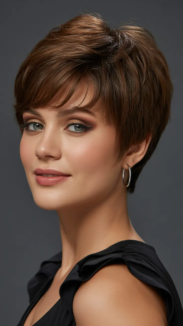 Cute short hairstyles for women 2026 Chocolate Pixie With Soft Fringe
