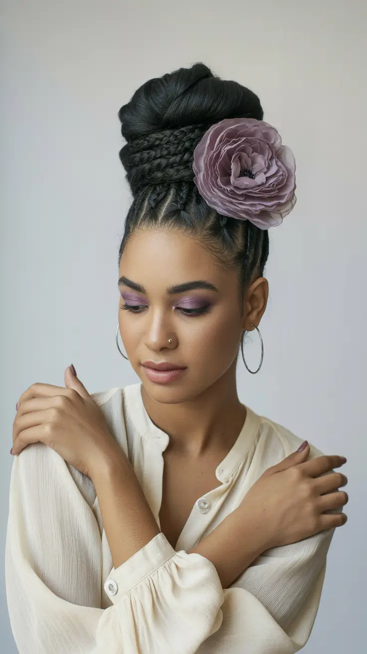 Easy Bun Hairstyles 2026 Romantic Braided High Bun With Floral Accent