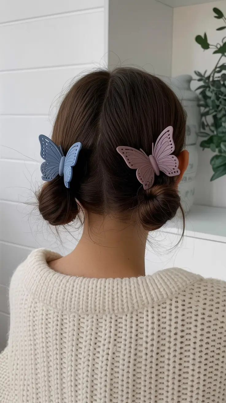 Easy Bun Hairstyles 2026 Double Low Buns Butterfly Clips