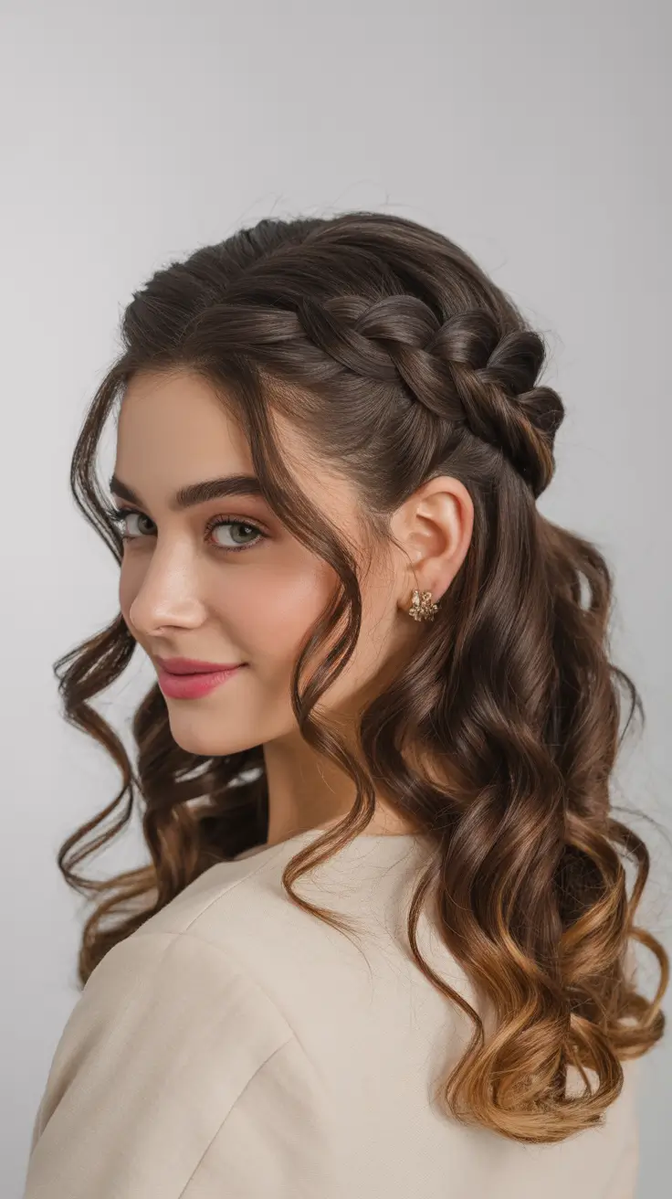 half up half down hairstyles Soft Crown Braid with Chocolate Ribbon Curls