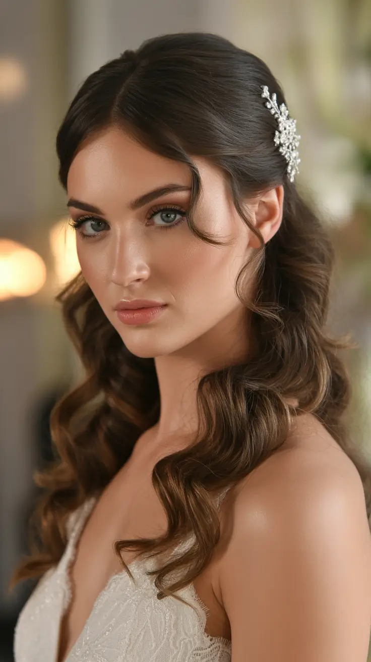 half up half down hairstyles Crystal-Pinned Glam Spiral Waves