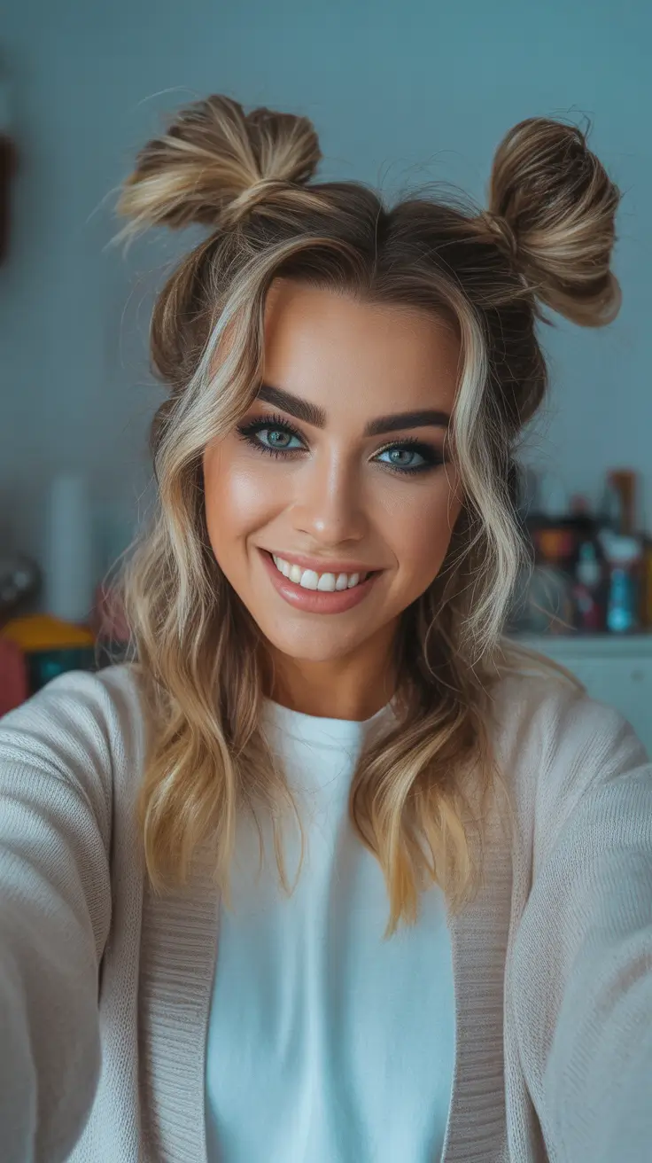 half up half down hairstyles Playful Double Mini Buns