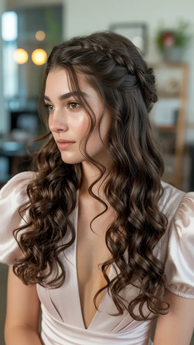 half up half down hairstyles Romantic Braided Halo with Voluminous Curls