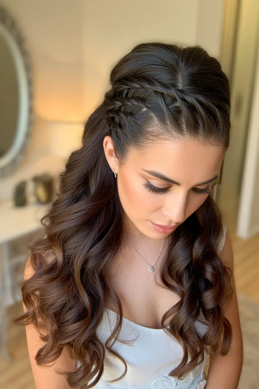 half up half down hairstyles Twisted Crown Lift with Chocolate Waves