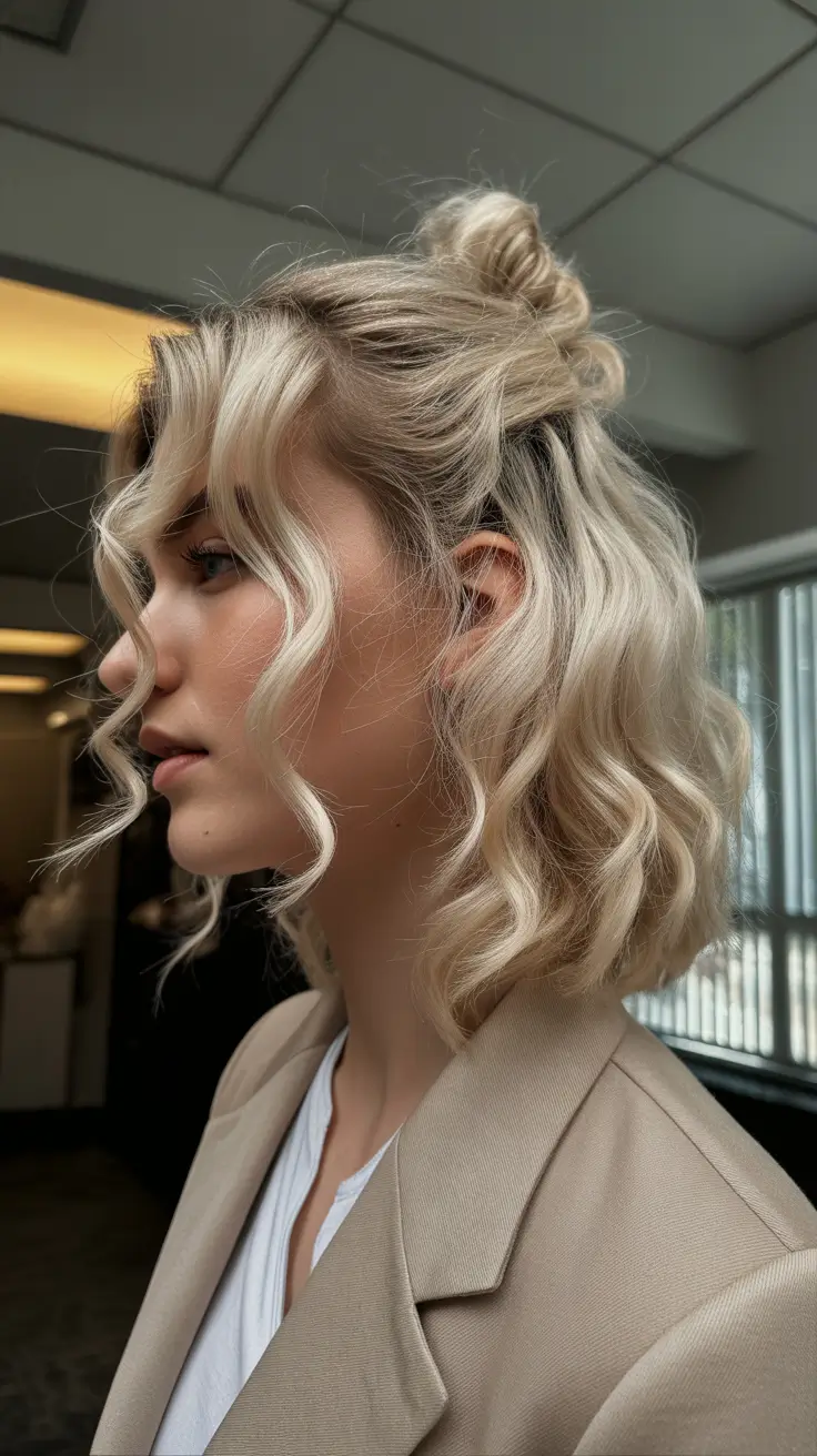 half up half down hairstyles Soft Half Bun on Curly Bob