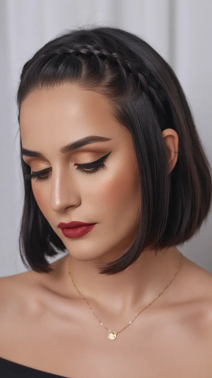 half up half down hairstyles Polished Mini Braid Crown on Sleek Bob