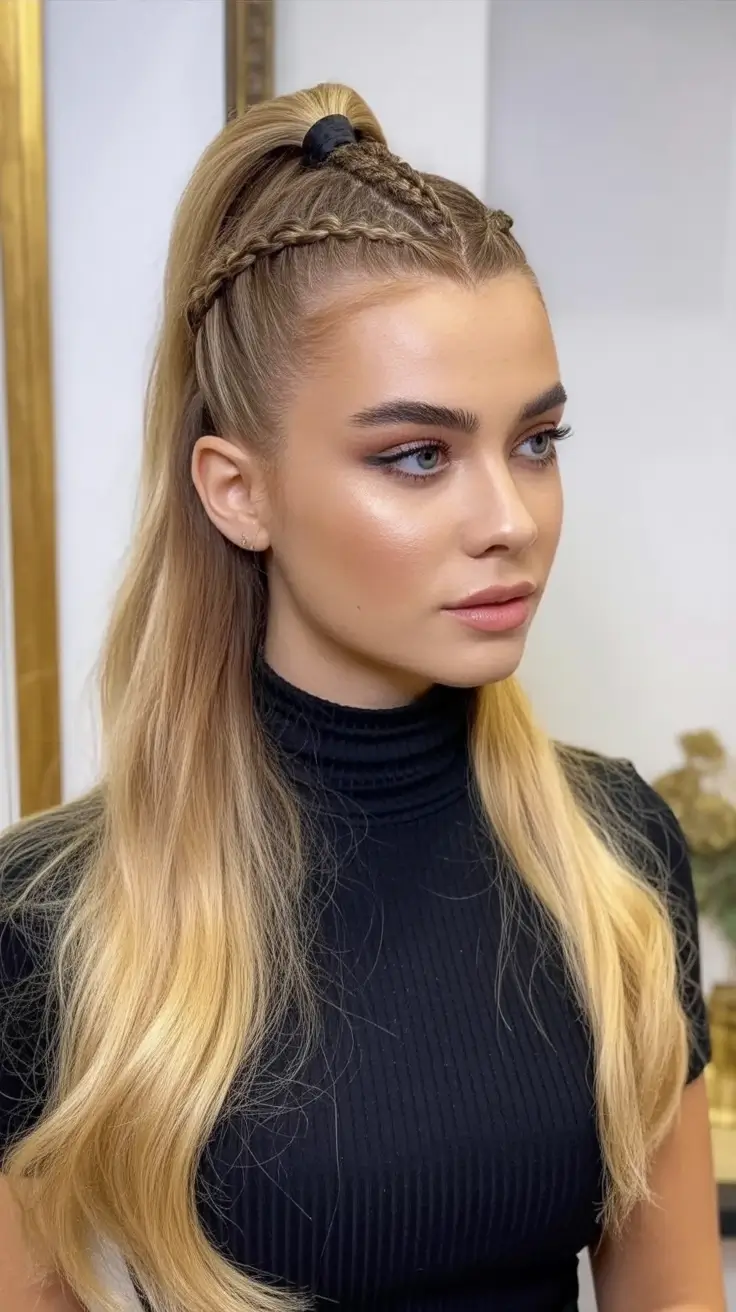 half up half down hairstyles High Pony Twist with Braided Detail
