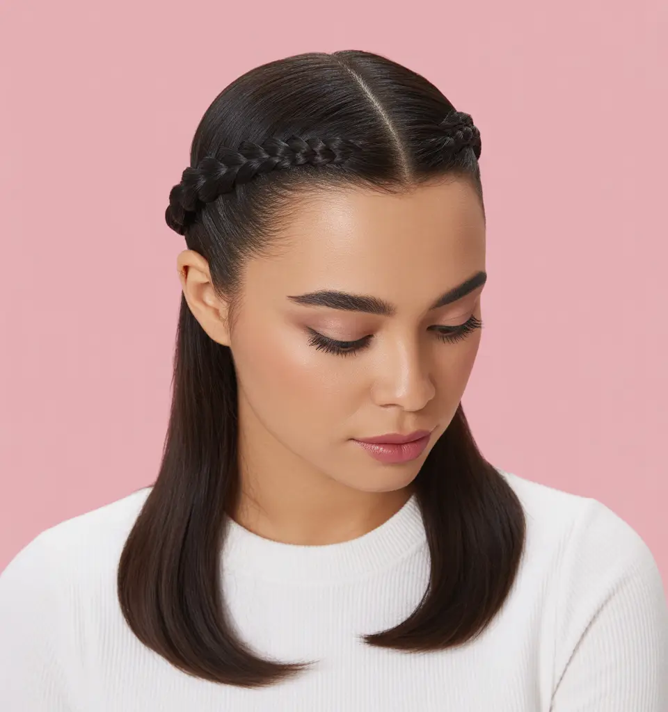 half up half down hairstyles Clean Halo Braid with Sleek Lengths