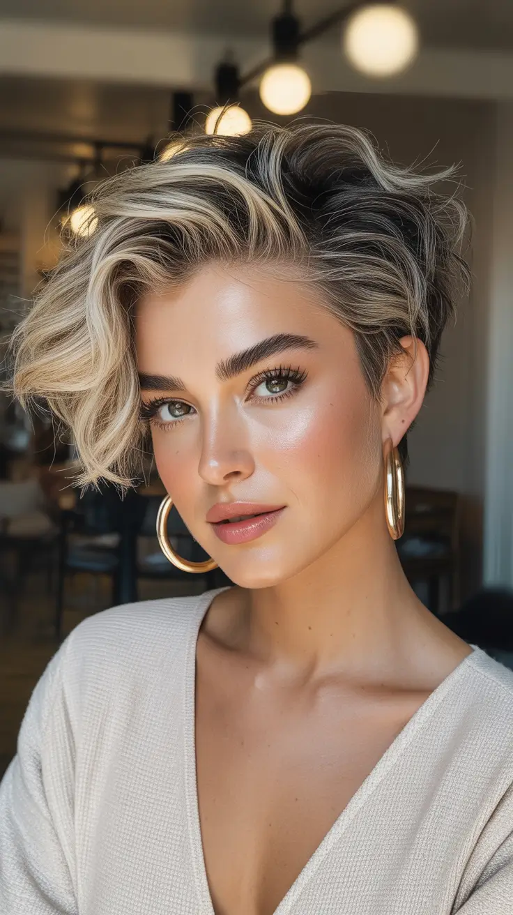 Haircut ideas for wavy hair 2026 Short Highlighted Pixie-Bob With Bold Wave Contrast