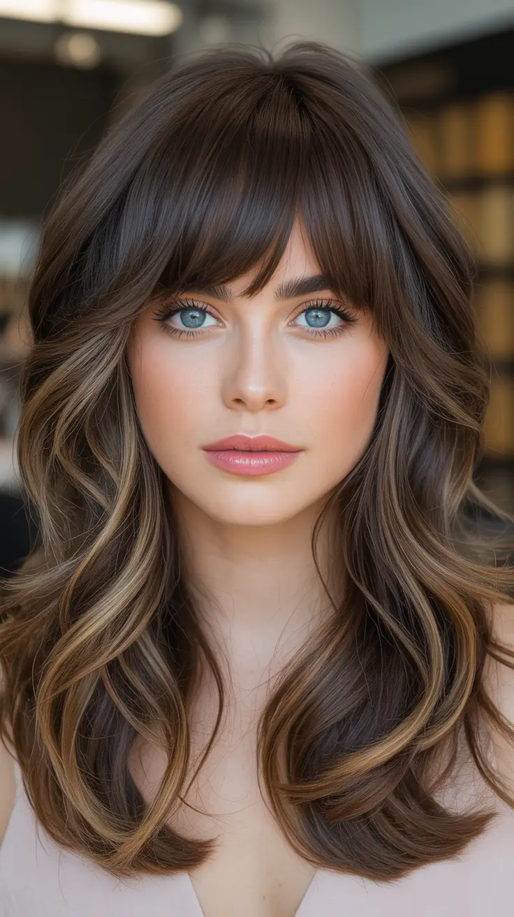 Haircut ideas for wavy hair 2026 Soft Layered Waves With Full Curtain Fringe