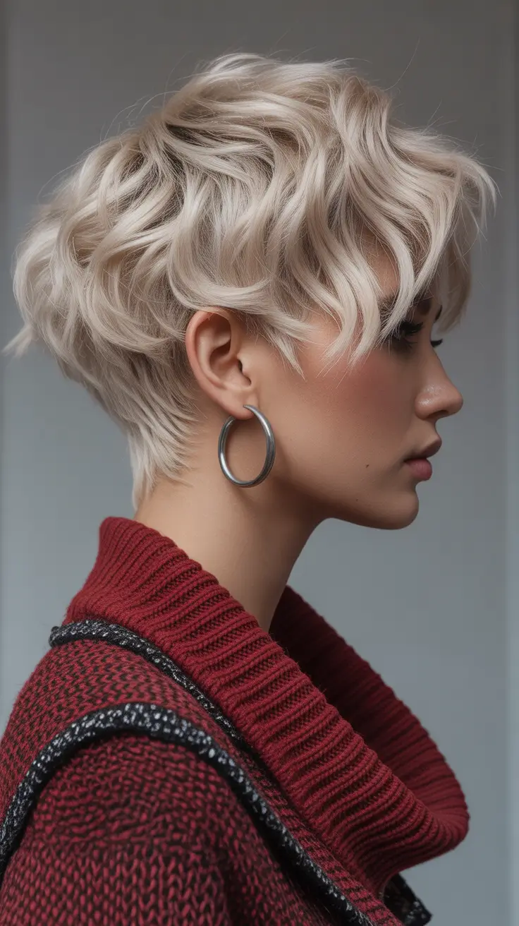 Haircut ideas for wavy hair 2026 Short Platinum Wavy Pixie With Sculpted Texture