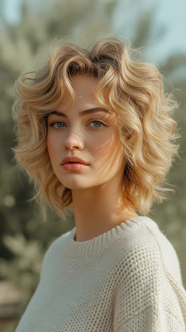 Haircut ideas for wavy hair 2026 Voluminous Curly Bob With Golden Highlights