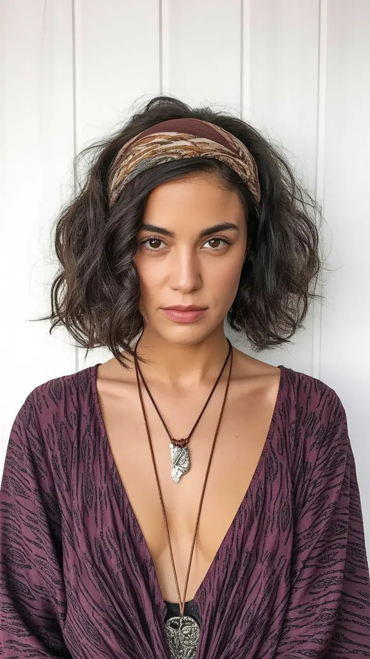 Haircut ideas for wavy hair 2026 Textured Medium Bob With Soft Waves and Headband