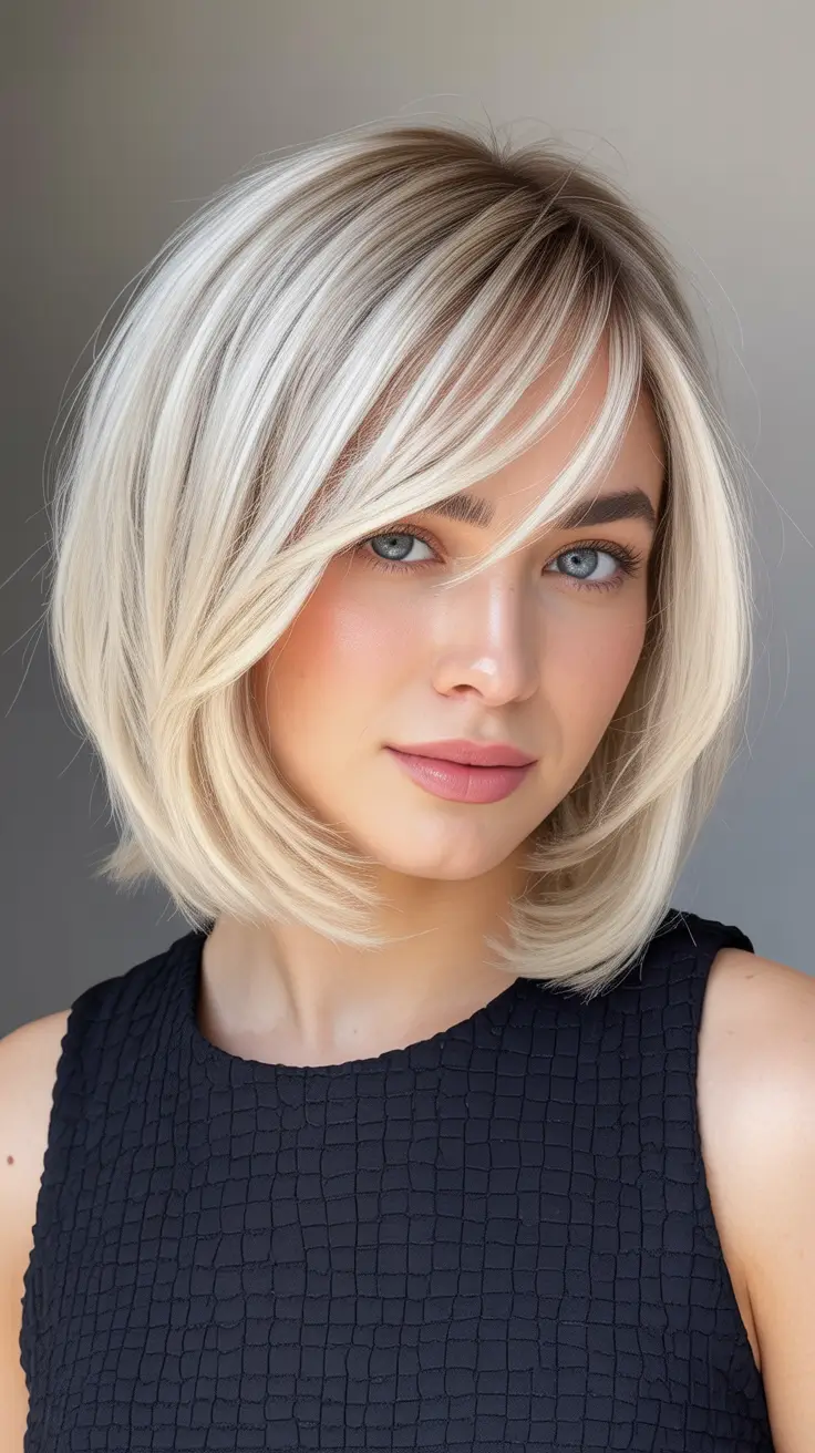 Latest haircut styles 2026 Icy Blonde Bob With Delicate Bangs