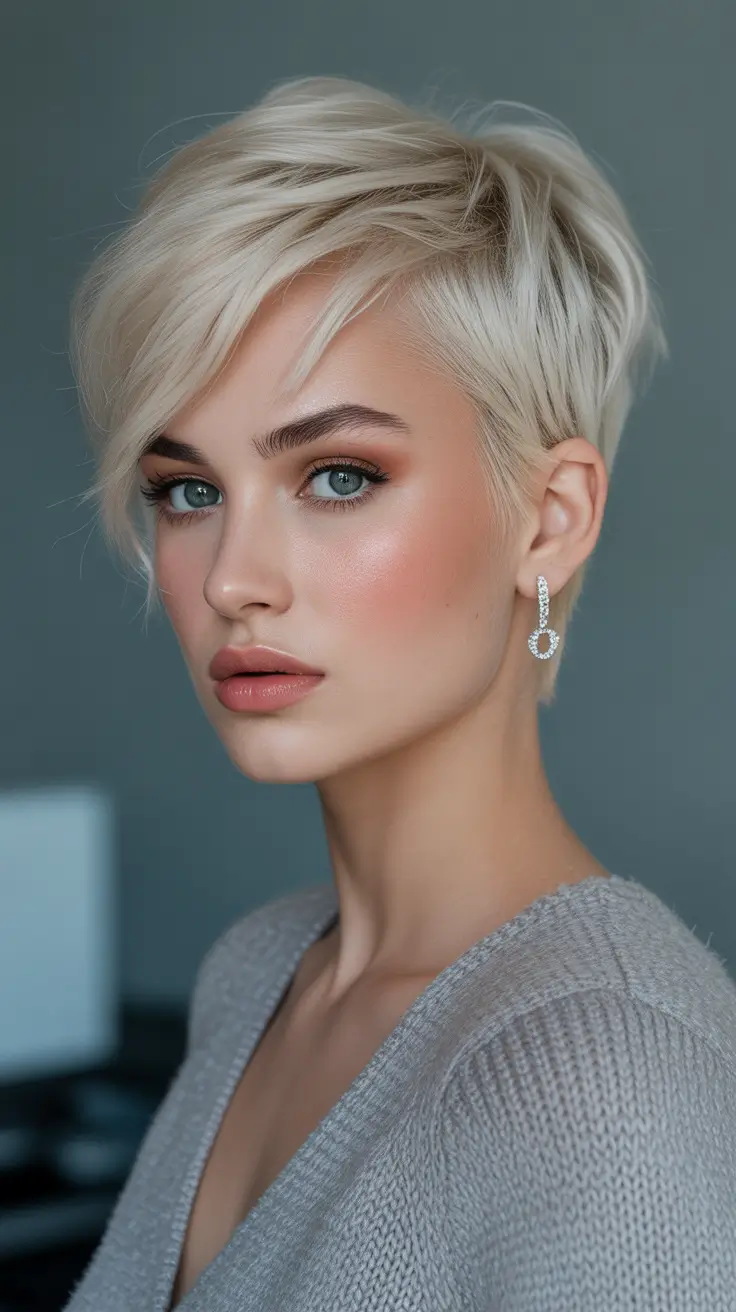 Latest haircut styles 2026 Platinum Pixie With Side-Swept Texture