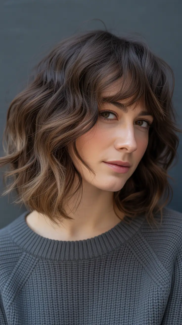 Latest haircut styles 2026 Chocolate Wavy Bob With Wispy Bangs