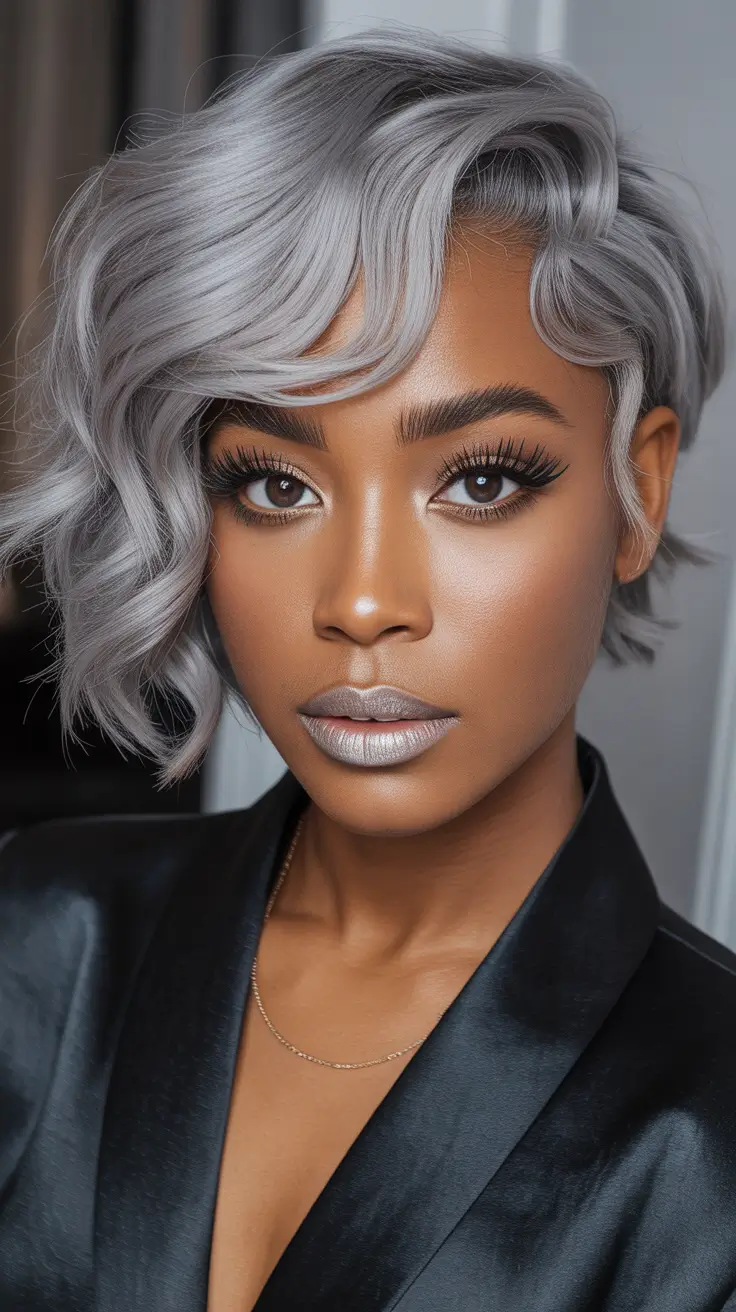 Latest haircut styles 2026 Metallic Silver Soft Wave Bob